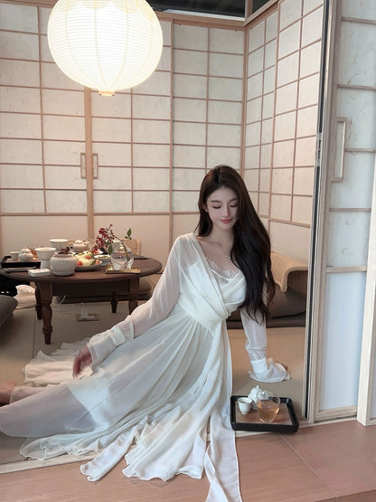 FairyJiang spring fake two-piece white chiffon dress with lace trim and bell sleeves, large skirt and waist skirt