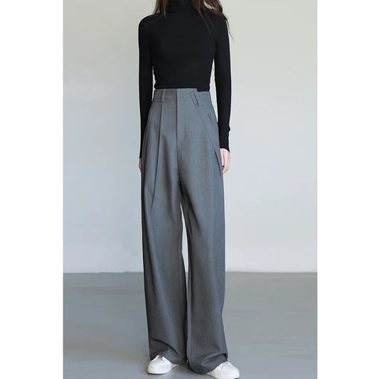 YUYUYAN autumn and winter design suit wide-leg pants women's high-waist drape old money style straight floor-length trousers gray