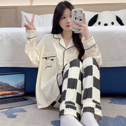 Pajamas women summer cardigan long-sleeved trousers suit summer ladies 2024 new cartoon spring autumn winter home clothes