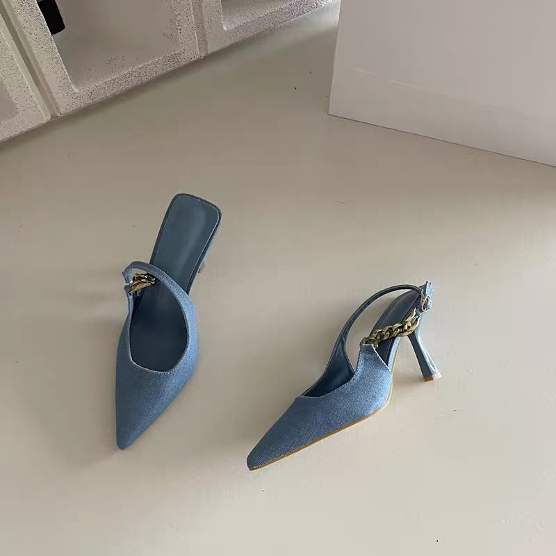 Heartbeat at a glance~!  Pointed Chain Metal Denim Baotou High Heels Fashion Temperament Air Back Sandals Female Autumn