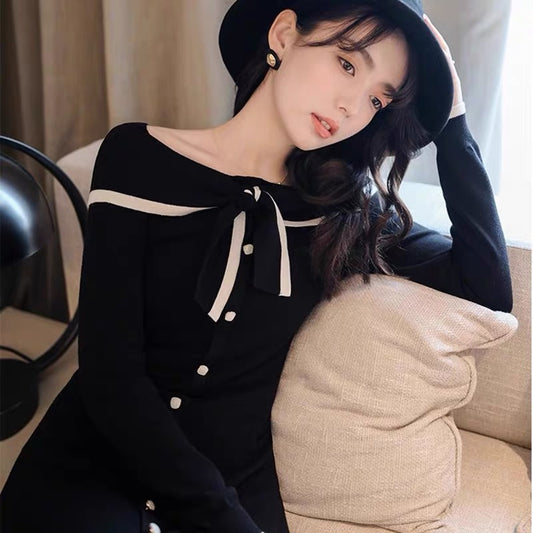 European station autumn clothing Internet celebrity new temperament little black skirt intellectual and elegant knitted shirt long skirt high-end dress