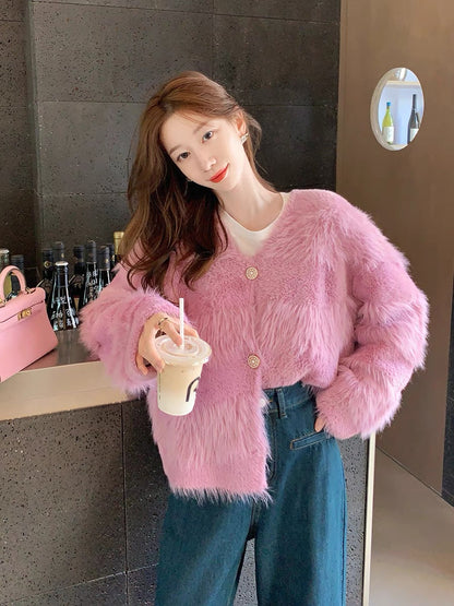 GUOGUOWOMEN Guoguojia imitation mink velvet jacket for women 2023 autumn and winter new cardigan fur top (S9974)