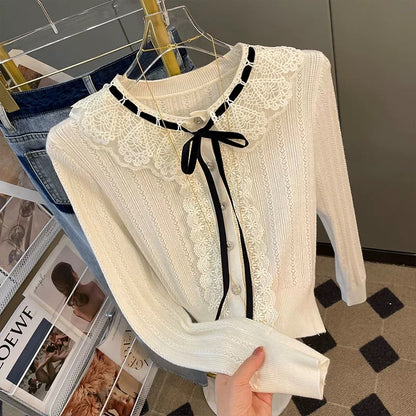 French long-sleeved sweater cardigan coat for women autumn new college style bow lace doll collar knitted top T9891