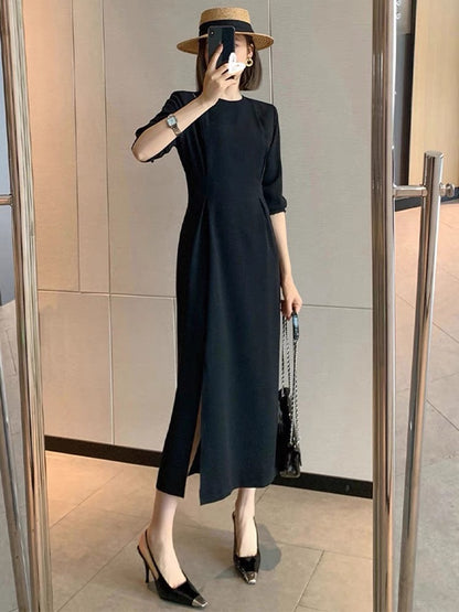High-end, light and mature style black dress for women, summer style, slim fit, slit long skirt, European style T-shirt skirt