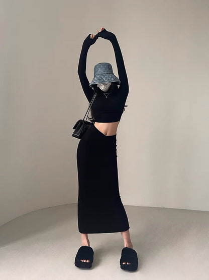 YoungGirlDay European and American high-waisted V-shaped waist slimming solid color back slit hip-covering knitted skirt