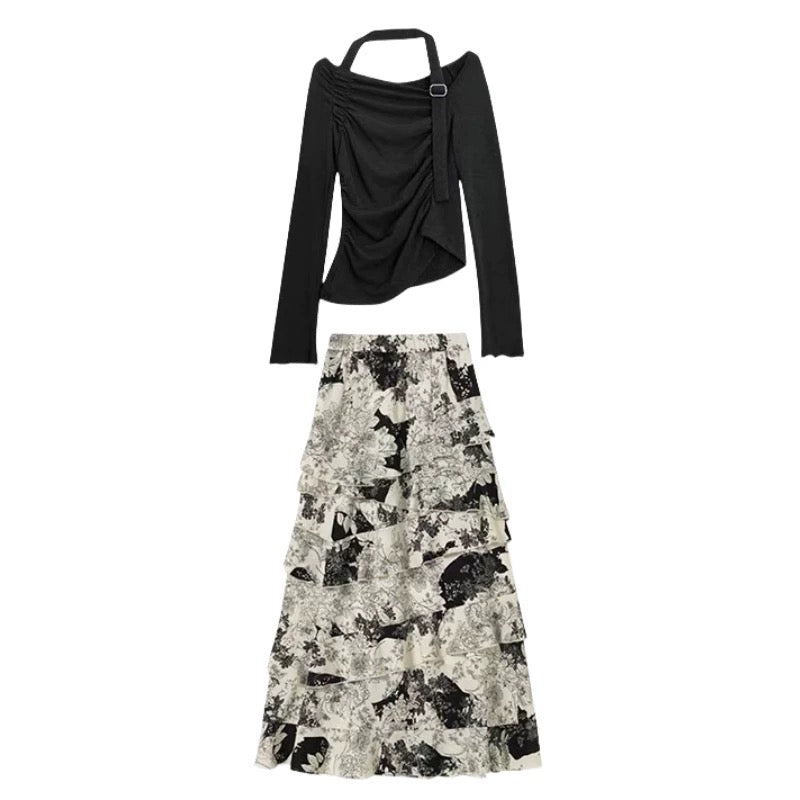 2025 early spring new ruffled floral cake skirt retro high waist slim a-line petite long skirt two-piece suit