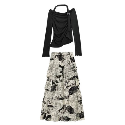 2025 early spring new ruffled floral cake skirt retro high waist slim a-line petite long skirt two-piece suit