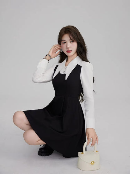 Volstagg French Hepburn style dress women's autumn black and white contrast stitching fake two-piece waist pleated skirt