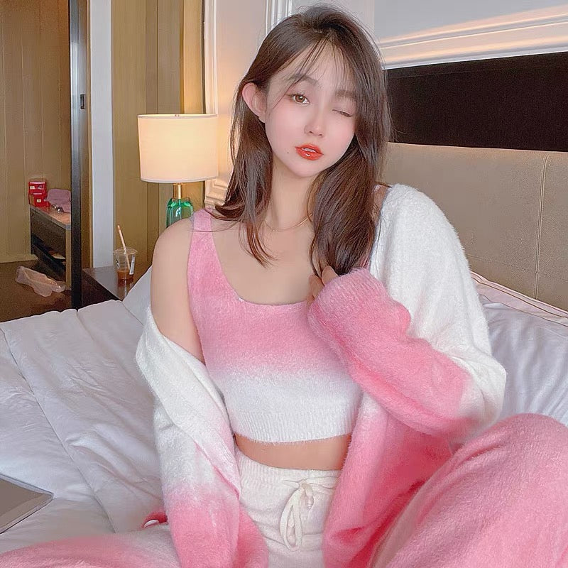 Sexy Pajamas Winter Women's Three-piece Set 2023 New Coral Velvet Soft and Thickened Internet Celebrity Home Clothing Spring and Autumn (S0939)