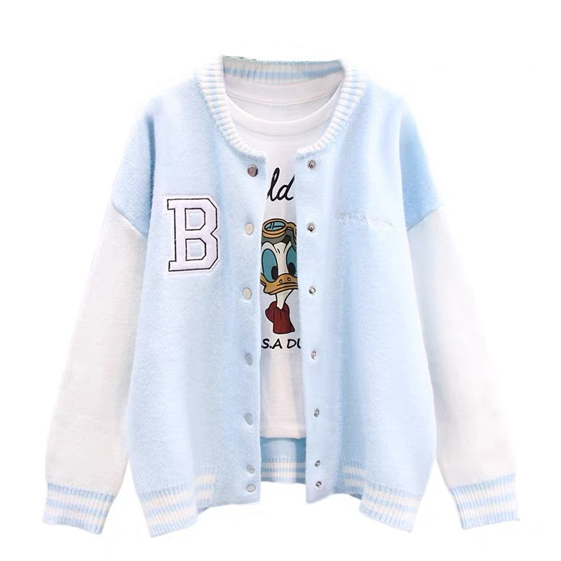 Color block letter baseball uniform sweater jacket for women autumn and winter 2023 new loose college style casual knitted cardigan (S3330)