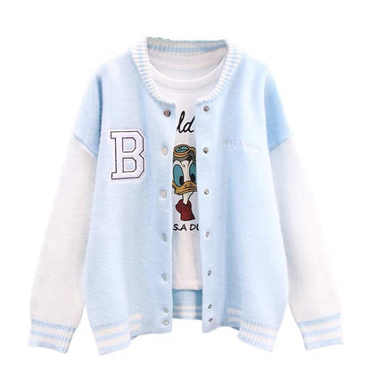 Color block letter baseball uniform sweater jacket for women autumn and winter 2023 new loose college style casual knitted cardigan (S3330)