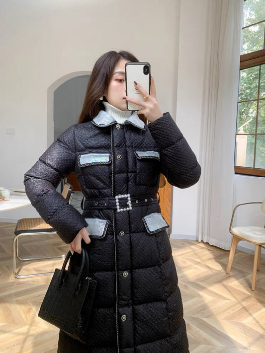 Nori [Clearance] Xiaoxiangfeng Down Jacket French Retro Splicing Bubble Fabric Waist Jacket Looks Slim