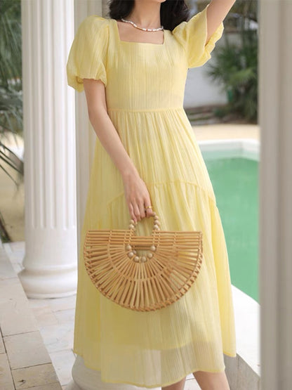 French retro yellow square-neck short-sleeved dress for women, simple puff sleeves, high-end knee-length a-line skirt D754