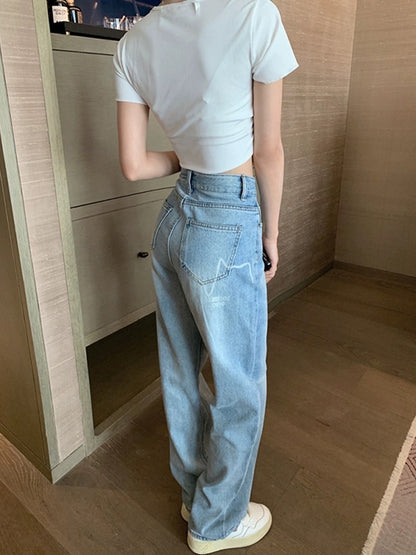 American retro blue jeans for women, spring high-waisted straight pants, loose slimming wide-leg pants, floor-length long pants, trendy