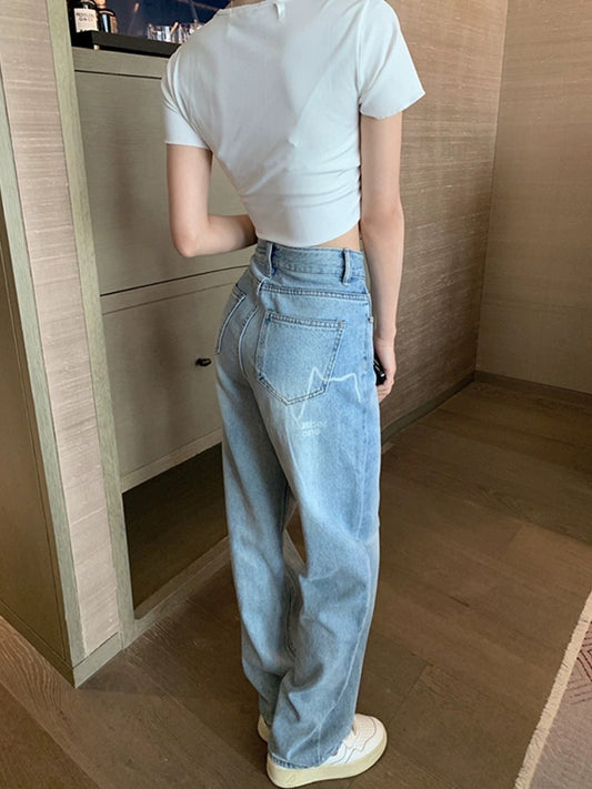 American retro blue jeans for women, spring high-waisted straight pants, loose slimming wide-leg pants, floor-length long pants, trendy