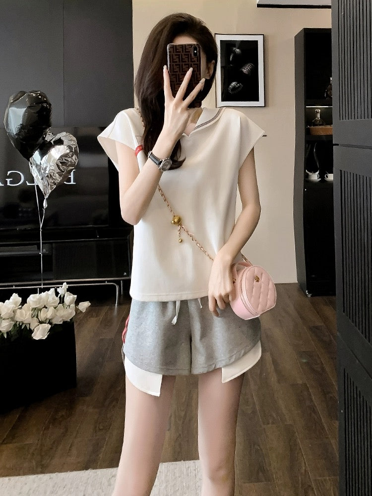 A complete set of playful and lively running sports, casual and fashionable short-sleeved shorts two-piece suits for women in summer for small people