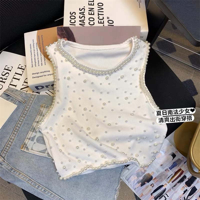 Sweet and spicy style knitted camisole female 2023 summer French celebrity beaded sleeveless T-shirt short top outerwear