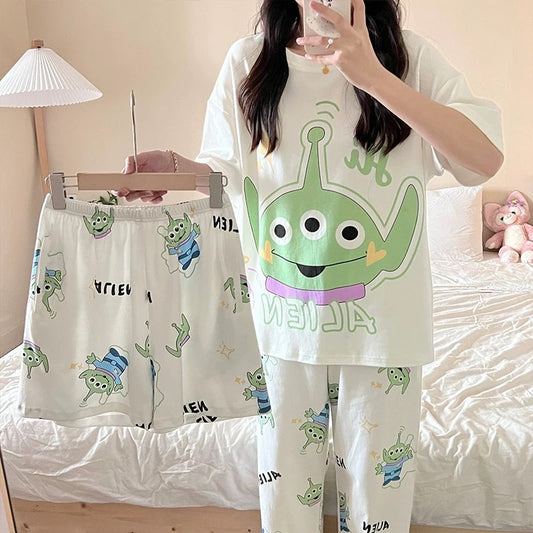 Pajamas women's short-sleeved trousers summer cotton thin junior high school students 13 girls big children cartoon cute three-piece set