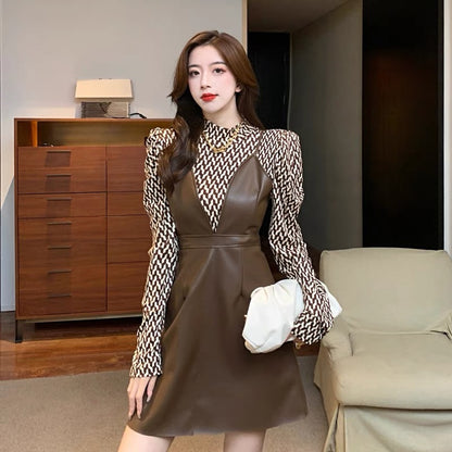 French design niche retro plaid long-sleeved bottoming shirt leather skirt suspender dress fashionable two-piece suit