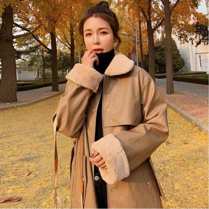 Parker cotton coat women's 2023 winter new style mid-length loose ins Hong Kong style workwear leather cotton coat plus velvet jacket trendy