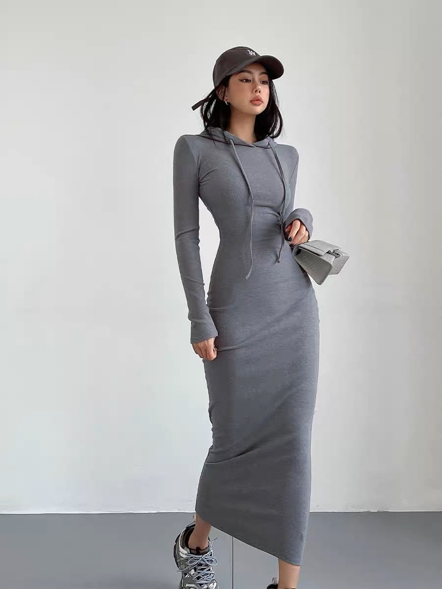 liviahome European and American street hot girl hooded dress women's autumn waist slimming hip-covering knitted skirt long skirt (D216)