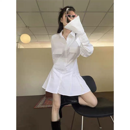 Polo collar shirt dress women's autumn 2023 new design sense niche waist slimming white long-sleeved skirt