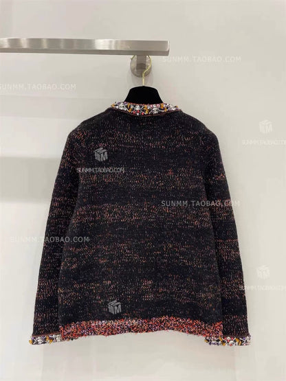 Buyer store 23 autumn high-end niche heavy industry wool hand-beaded V-neck knitted sweater cardigan with small fragrance style