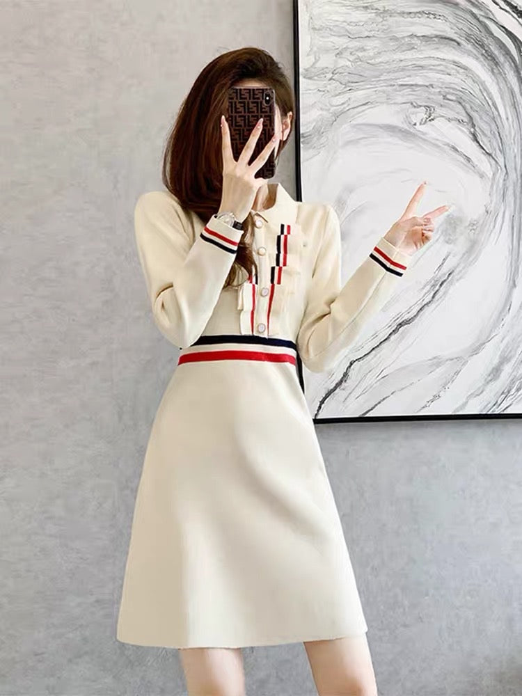 Autumn and winter 2023 new style small fragrance Polo collar knitted dress high-end temperament waist slimming bottoming sweater dress D8891
