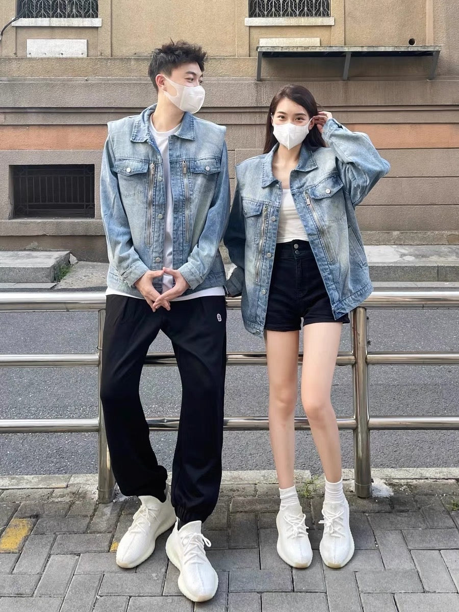 American retro oversize shoulder pad denim jacket men's autumn new high street loose couple jacket top tide