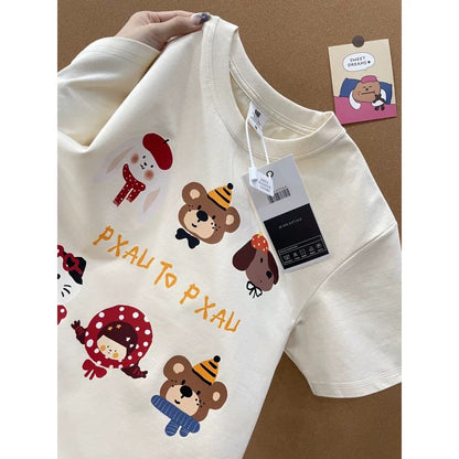 American style ins three bears printed cotton short-sleeved T-shirt men and women summer heavyweight all-match loose couple tops