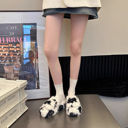 Fairy style cow color furry shoes for women's outer wear 2023 autumn and winter new fashion versatile home warm one-word cotton shoes (S0714)