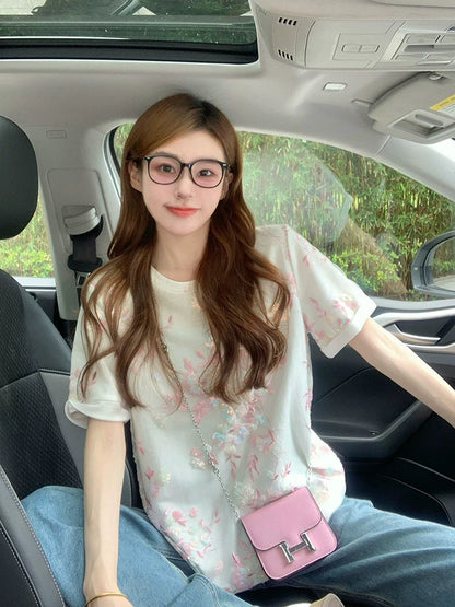 Heavy sequin embroidery short-sleeved T-shirt for women 2025 new summer niche temperament design mesh splicing top