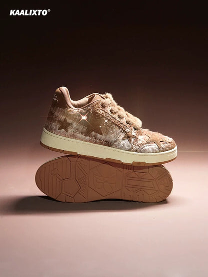 Kaalixto rough diamond gradient brown star shoes sneakers national trend autumn and winter low-top versatile breathable warm casual shoes