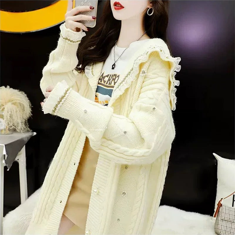 Sweater knitted cardigan coat for women autumn and winter thickened 2023 new loose lazy printed western style long-sleeved top for women