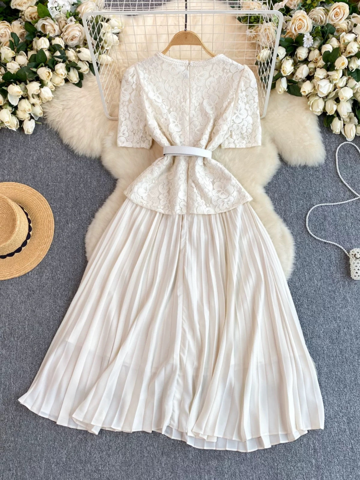 French Chanel style dress for women high-end exquisite temperament square collar lace splicing pleated long skirt celebrity dress
