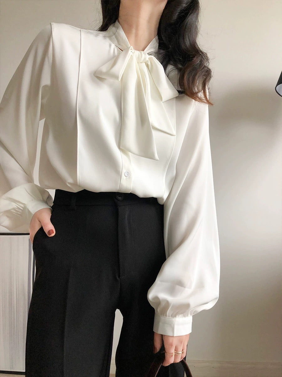 ACHU Elegant Bow White Chiffon Shirt Women's Lace-Up Workplace Commuting Shirt Professional French Formal Spring Wear