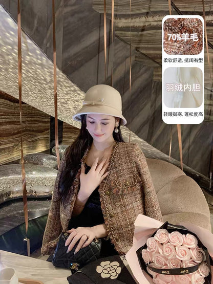 Fish Rabbit's Rabbit Small Fragrance Jacket Women's 2023 New Autumn and Winter Retro V-Neck Loose Long-Sleeved Down Top