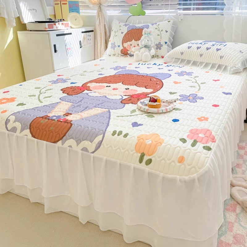 Summer printed bed skirt latex ice silk mat three-piece set princess style bed sheet air conditioning mattress mat machine washable