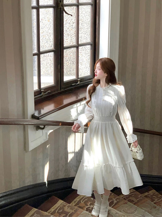 Q Girl’s Letter to Venus/French Retro Big Swing White Long Dress 2024 Early Spring New Dress Long Sleeves