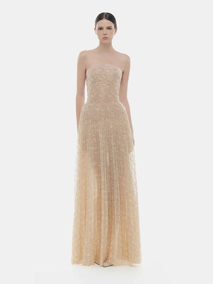 Summerrose French-Elegant Strapless Lace Gown – A Sophisticated, Luxe-Feel Maxi Dress Perfect for Banquets, Formal Occasions, and Vacations