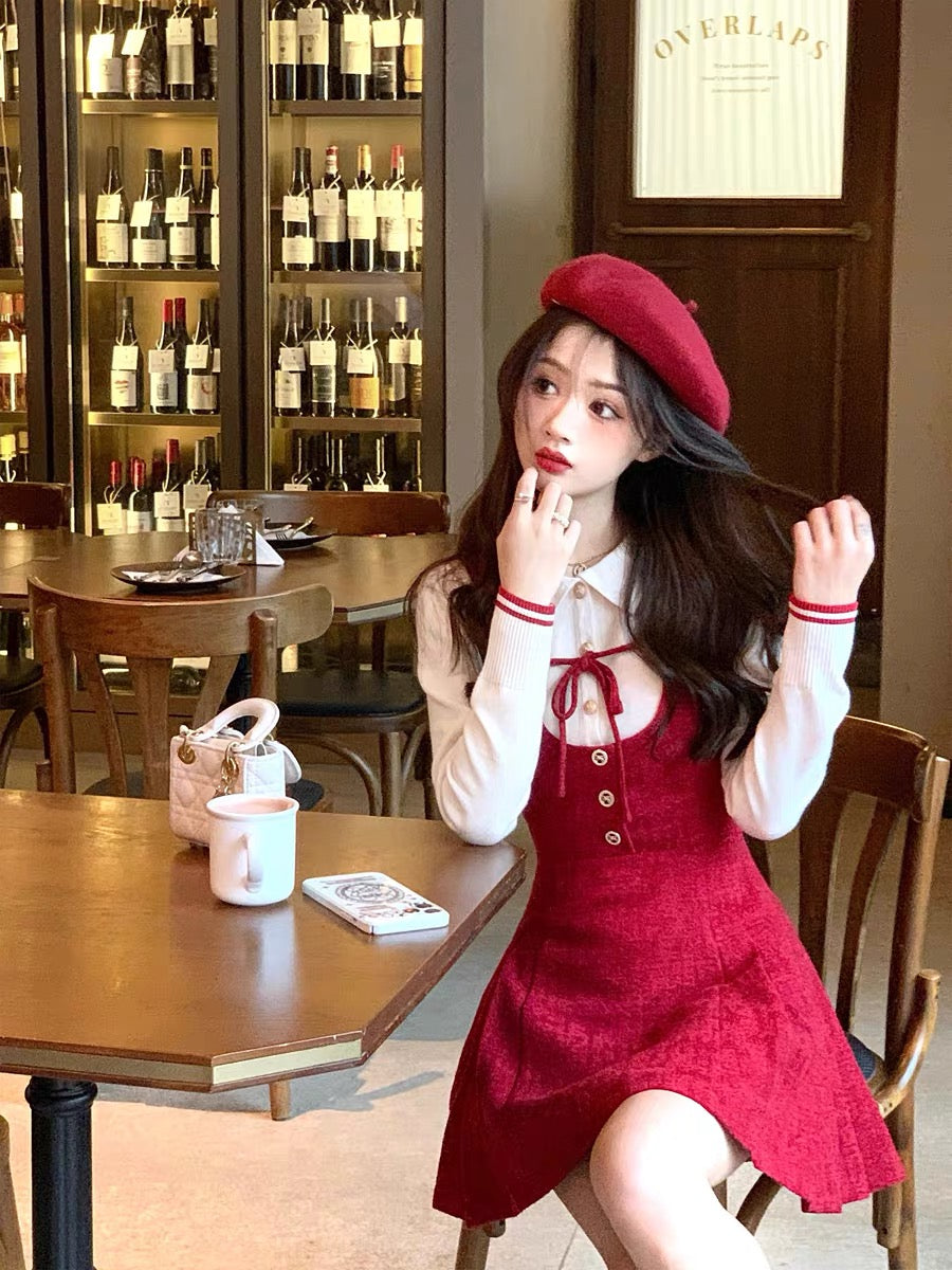 Q Girl's Black Tea Rum/Red Brushed Small Fragrance Style Suspender Dress Autumn and Winter French Retro Short Skirt