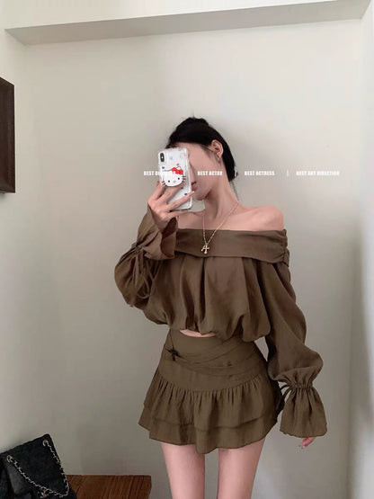 Retro sweet girl suit one-shoulder long-sleeved loose top for women autumn ruffled a-line skirt two-piece set