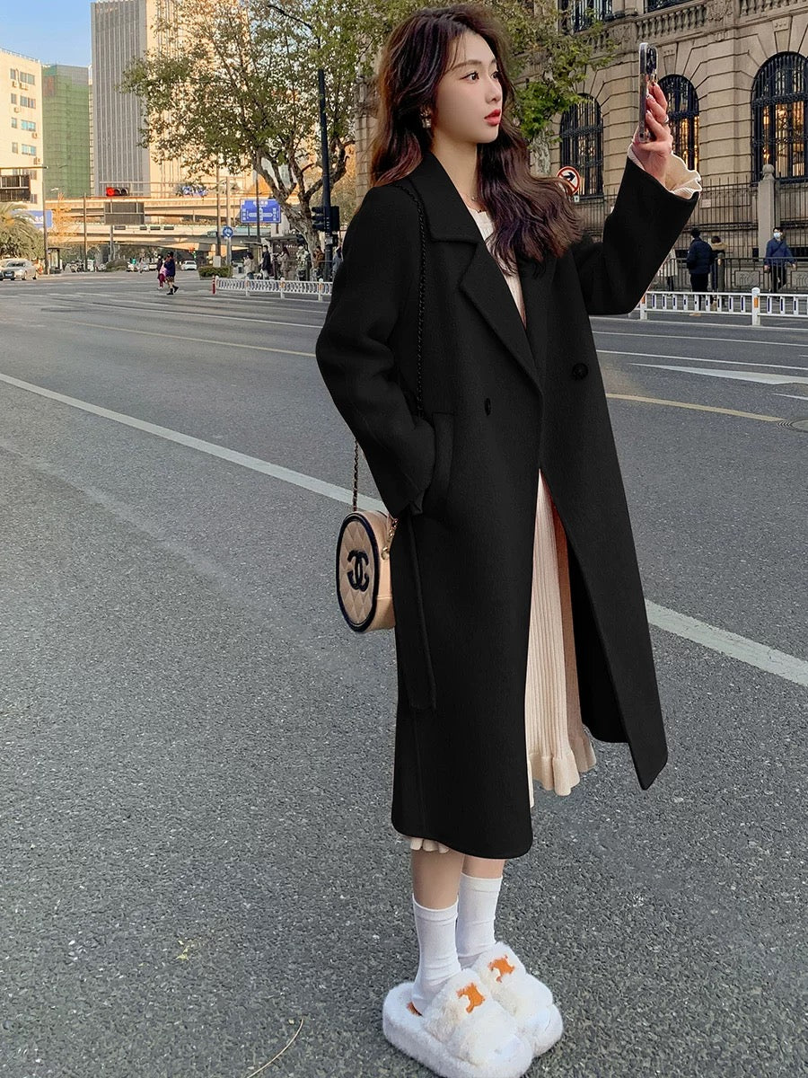 Pink double-faced velvet coat for women 2024 autumn and winter new Korean style loose mid-length lace-up woolen coat