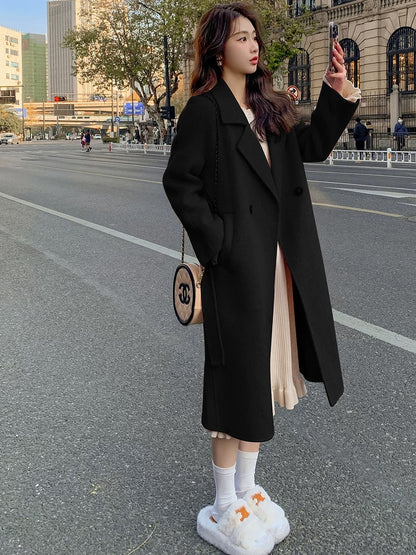 Pink double-faced velvet coat for women 2024 autumn and winter new Korean style loose mid-length lace-up woolen coat