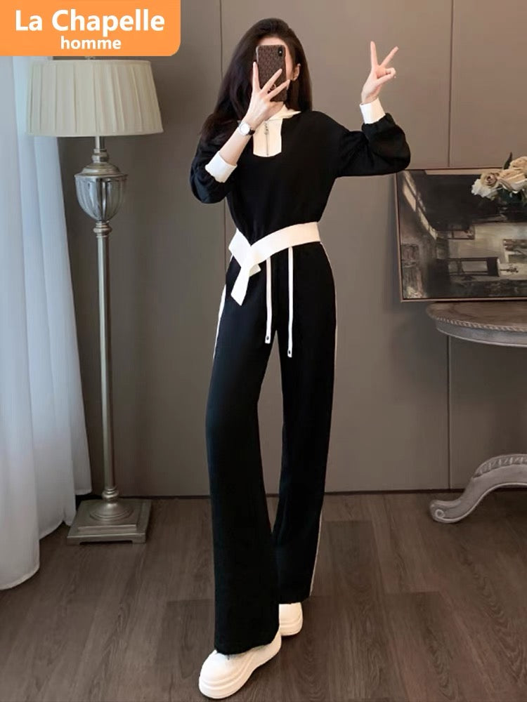 La Chapelle casual sports suit for women autumn 2023 new fashionable temperament drawstring lace design two-piece set