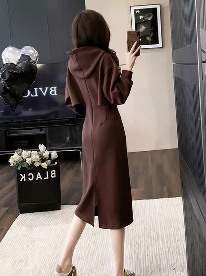 Hooded mid-length sweatshirt dress for women autumn 2023 new waist slimming high-end temperament casual skirt (V6619)