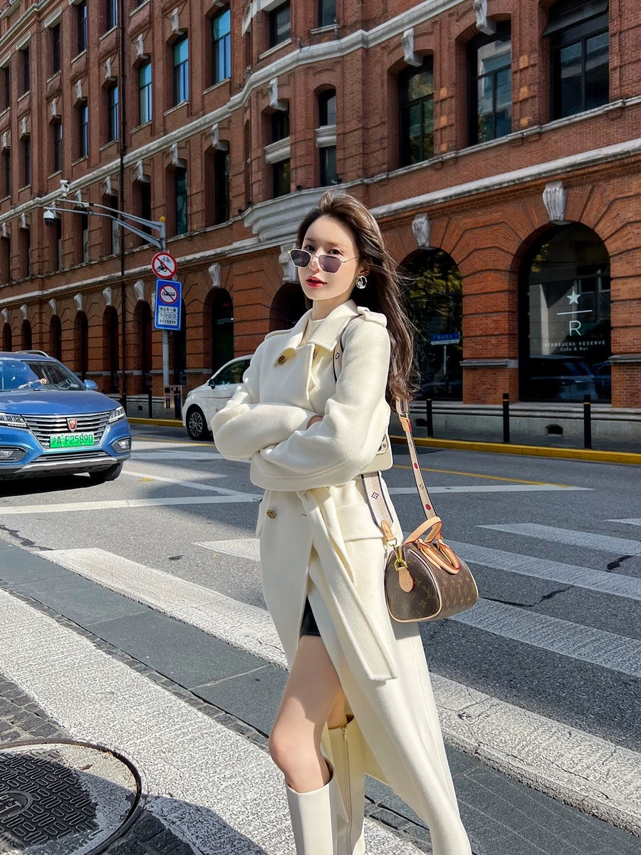 High end white double sided cashmere coat for women mid length