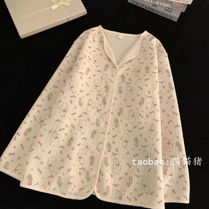 Tulip Rabbit Air Cotton Pajamas Women's Pure Cotton Winter Thickened Warm Long Sleeve Suit Loose Spring and Autumn Home Clothing