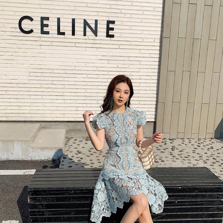 2023 Summer New Women's Heavy Lace Irregular Scalloped Skirt Feifei Sleeves Slim Fit Dress (D171)