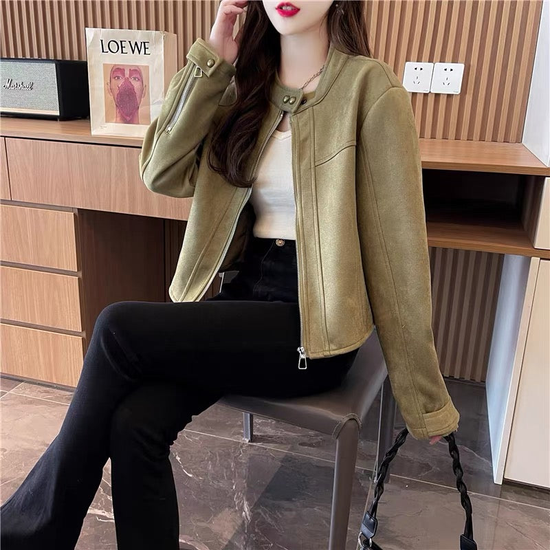 Short Short Motorcycle Leather Jacket for Women 2023 Autumn New Retro Fashion Casual Jacket Top (S0516)